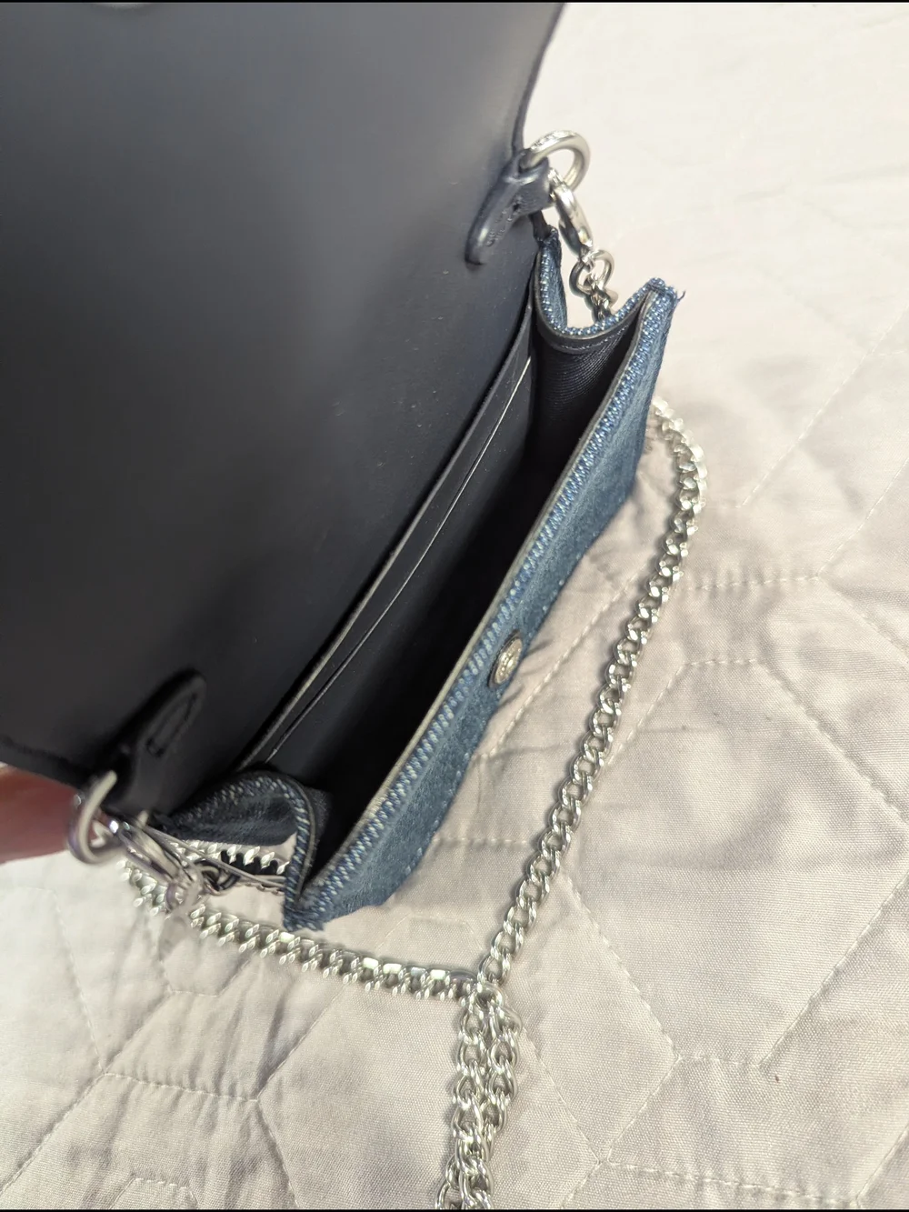 Coach Denim Studded Mini Wallet On Chain Crossbody Bag Silver Rivets Card Case
